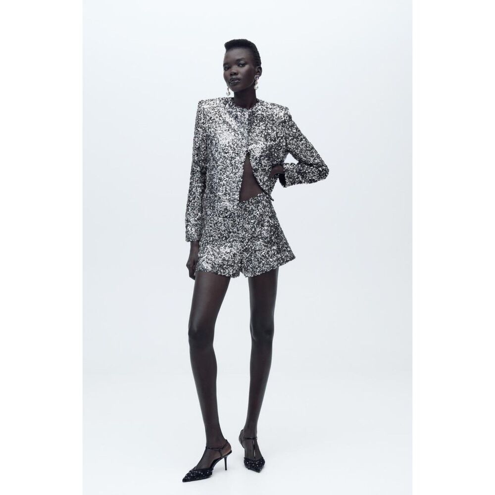 Silver Zara Sequin Embellished Snap Front Round Neck Long Sleeve Cropped Jacket